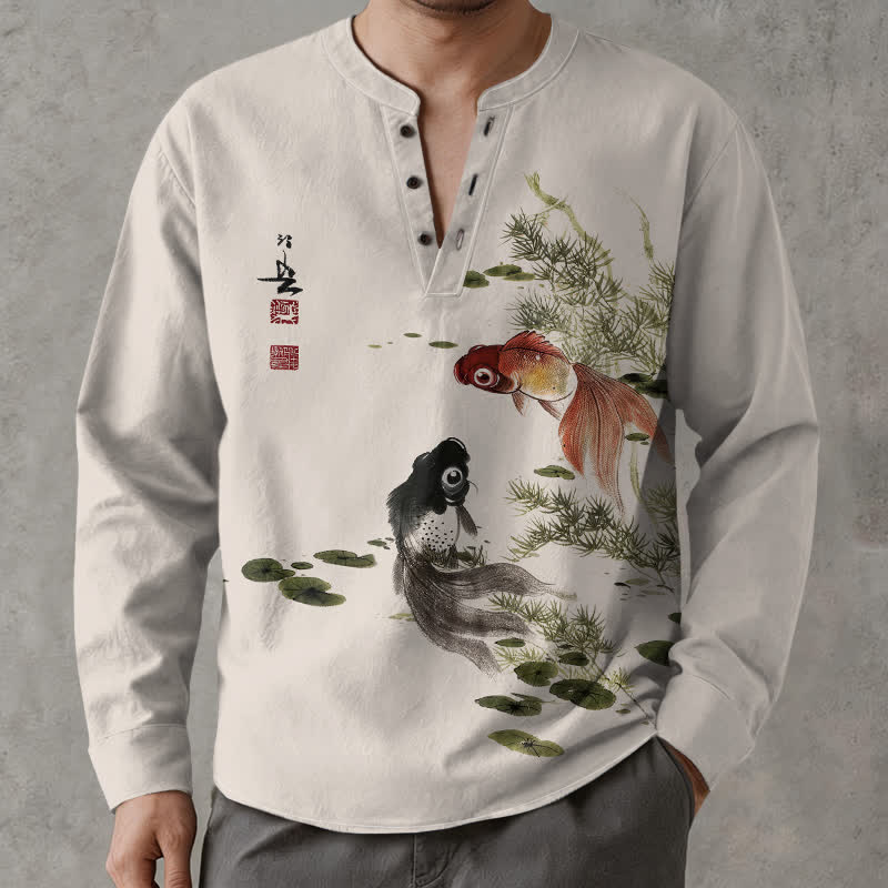 Buddha Stones Cotton Koi Fish Lotus Leaf Grass Ink Pattern V-Neck Buttons Men's Long Sleeve Shirts - Linen - US/UK/AU48，EU58 (4XL) - image 0