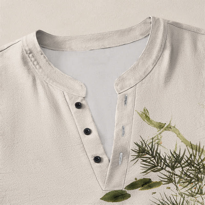 Buddha Stones Cotton Koi Fish Lotus Leaf Grass Ink Pattern V-Neck Buttons Men's Long Sleeve Shirts - image 4