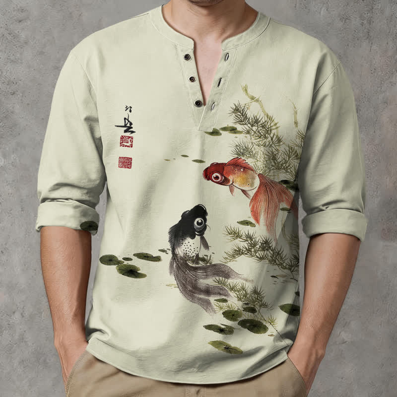 Buddha Stones Cotton Koi Fish Lotus Leaf Grass Ink Pattern V-Neck Buttons Men's Long Sleeve Shirts - image 8