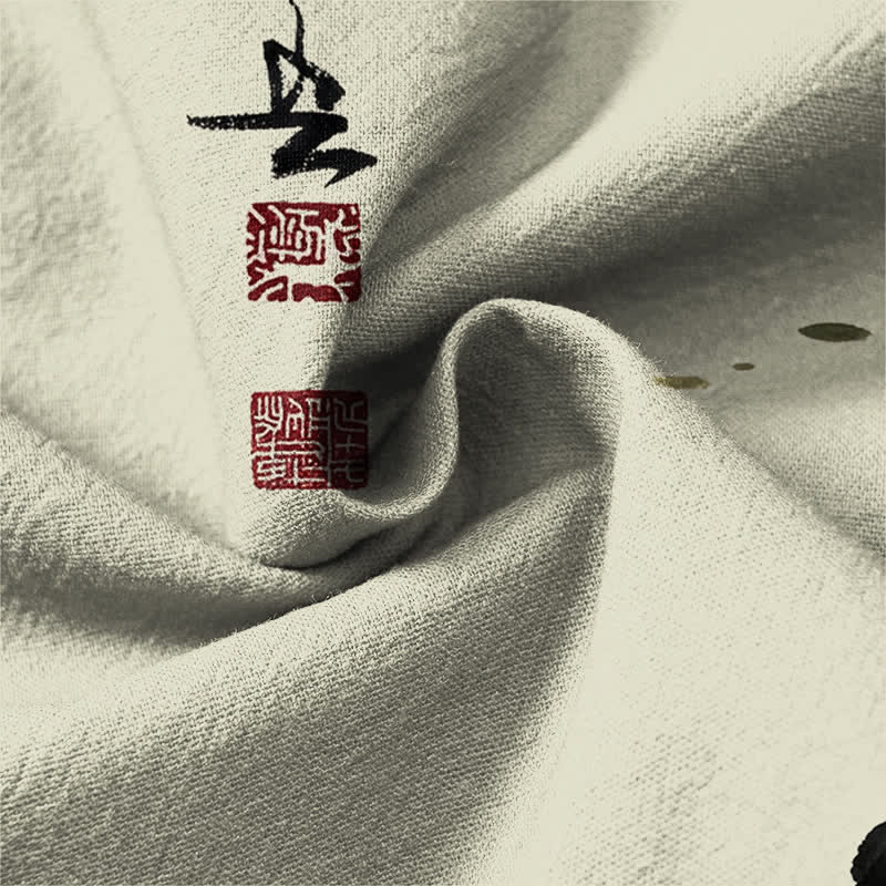 Buddha Stones Cotton Koi Fish Lotus Leaf Grass Ink Pattern V-Neck Buttons Men's Long Sleeve Shirts - image 13