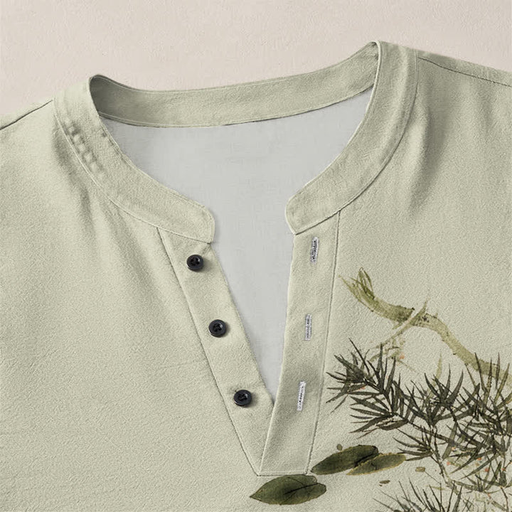 Buddha Stones Cotton Koi Fish Lotus Leaf Grass Ink Pattern V-Neck Buttons Men's Long Sleeve Shirts - image 11