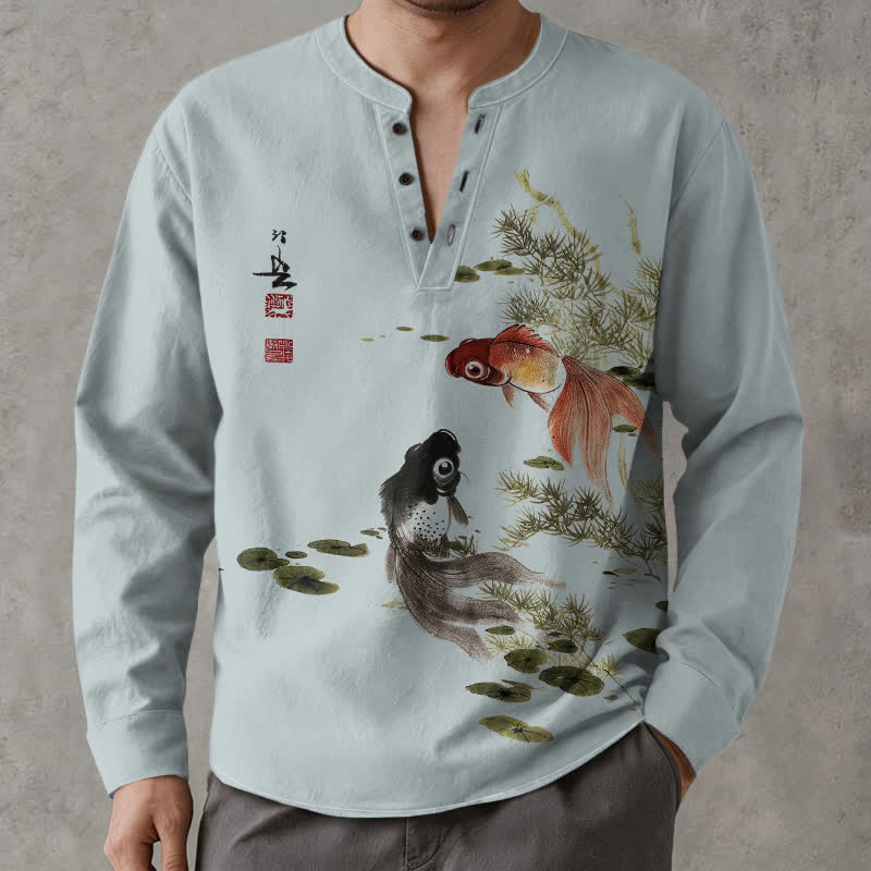 Buddha Stones Cotton Koi Fish Lotus Leaf Grass Ink Pattern V-Neck Buttons Men's Long Sleeve Shirts - LightBlue - US/UK/AU48，EU58 (4XL) - image 14
