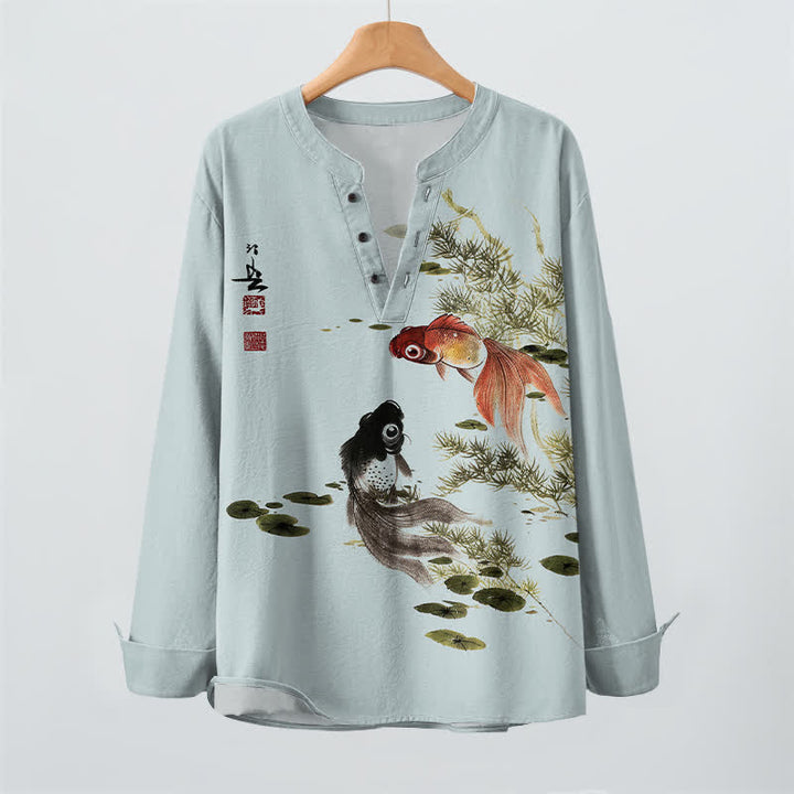 Buddha Stones Cotton Koi Fish Lotus Leaf Grass Ink Pattern V-Neck Buttons Men's Long Sleeve Shirts - image 16