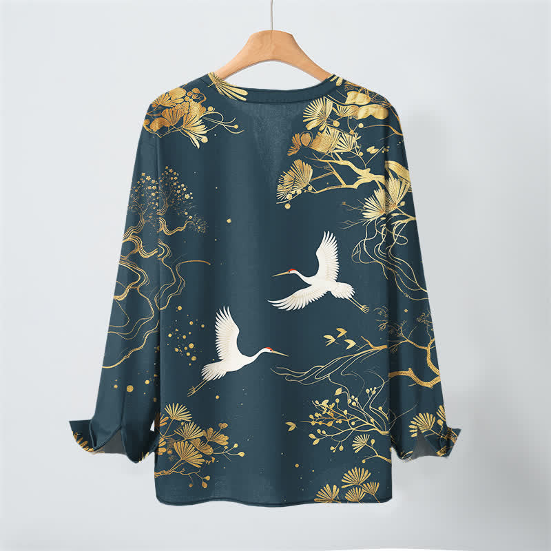 Buddha Stones Cotton Crane Floral Branch Pattern V-Neck Buttons Men's Long Sleeve Shirts - image 3