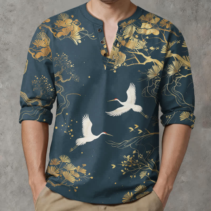 Buddha Stones Cotton Crane Floral Branch Pattern V-Neck Buttons Men's Long Sleeve Shirts - SteelBlue - US/UK/AU48，EU58 (4XL) - image 0