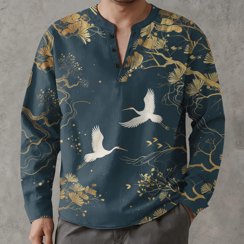 Buddha Stones Cotton Crane Floral Branch Pattern V-Neck Buttons Men's Long Sleeve Shirts - image 1