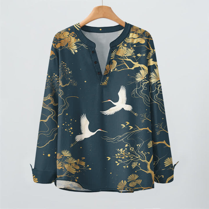 Buddha Stones Cotton Crane Floral Branch Pattern V-Neck Buttons Men's Long Sleeve Shirts - image 2
