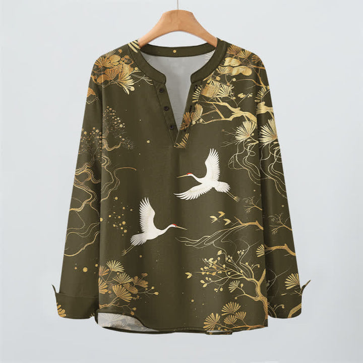 Buddha Stones Cotton Crane Floral Branch Pattern V-Neck Buttons Men's Long Sleeve Shirts - image 8