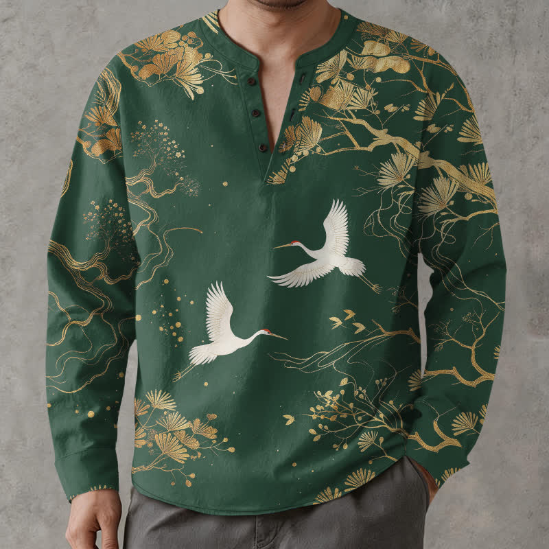 Buddha Stones Cotton Crane Floral Branch Pattern V-Neck Buttons Men's Long Sleeve Shirts - image 15