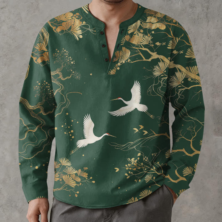 Buddha Stones Cotton Crane Floral Branch Pattern V-Neck Buttons Men's Long Sleeve Shirts - image 15