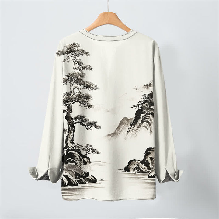 Buddha Stones Cotton Ink Landscape Pine Tree Mountains Pattern V-Neck Buttons Men's Long Sleeve Shirts - image 3