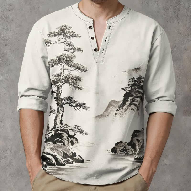 Buddha Stones Cotton Ink Landscape Pine Tree Mountains Pattern V-Neck Buttons Men's Long Sleeve Shirts - image 1