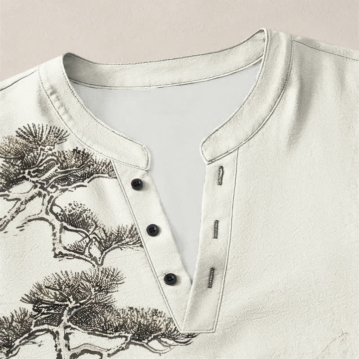 Buddha Stones Cotton Ink Landscape Pine Tree Mountains Pattern V-Neck Buttons Men's Long Sleeve Shirts - image 4