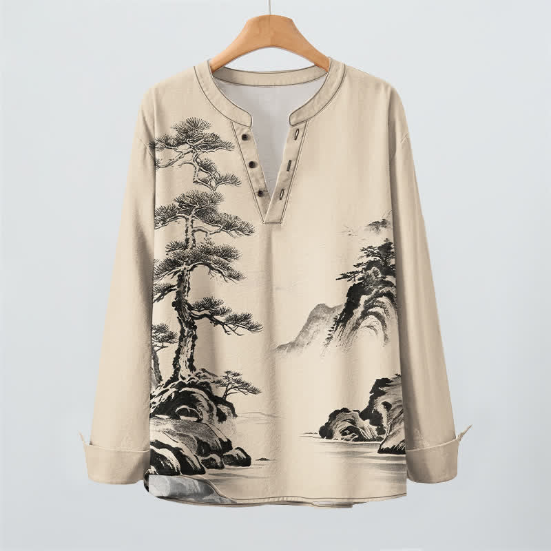 Buddha Stones Cotton Ink Landscape Pine Tree Mountains Pattern V-Neck Buttons Men's Long Sleeve Shirts - image 9