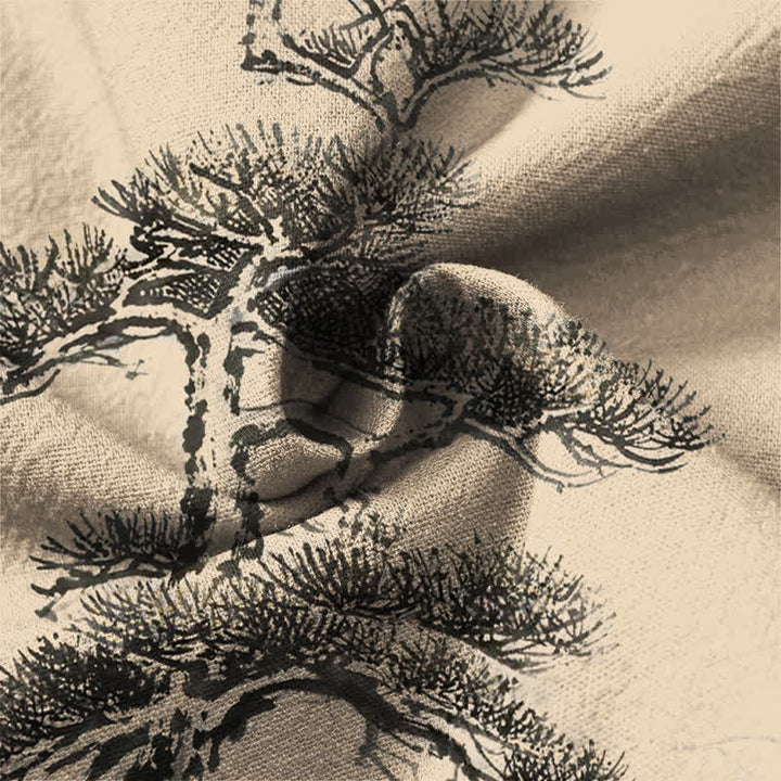 Buddha Stones Cotton Ink Landscape Pine Tree Mountains Pattern V-Neck Buttons Men's Long Sleeve Shirts - image 13