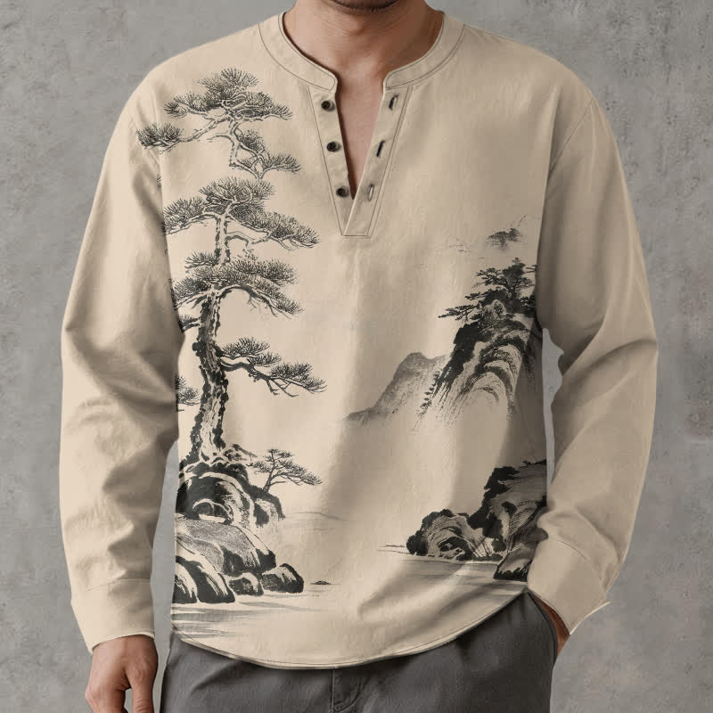 Buddha Stones Cotton Ink Landscape Pine Tree Mountains Pattern V-Neck Buttons Men's Long Sleeve Shirts - Tan - US/UK/AU48，EU58 (4XL) - image 7