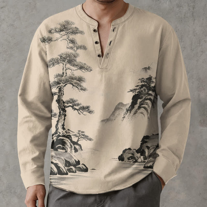 Buddha Stones Cotton Ink Landscape Pine Tree Mountains Pattern V-Neck Buttons Men's Long Sleeve Shirts - Tan - US/UK/AU48，EU58 (4XL) - image 7