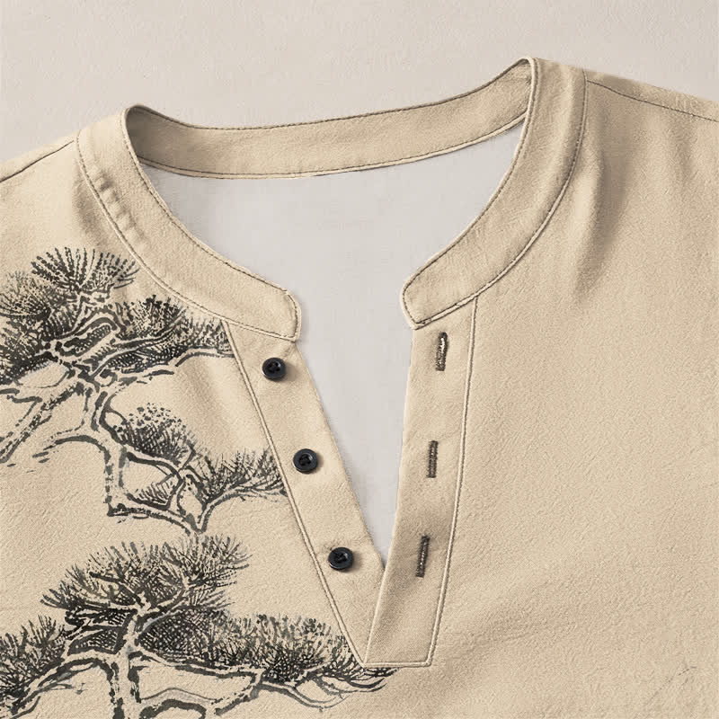 Buddha Stones Cotton Ink Landscape Pine Tree Mountains Pattern V-Neck Buttons Men's Long Sleeve Shirts - image 11