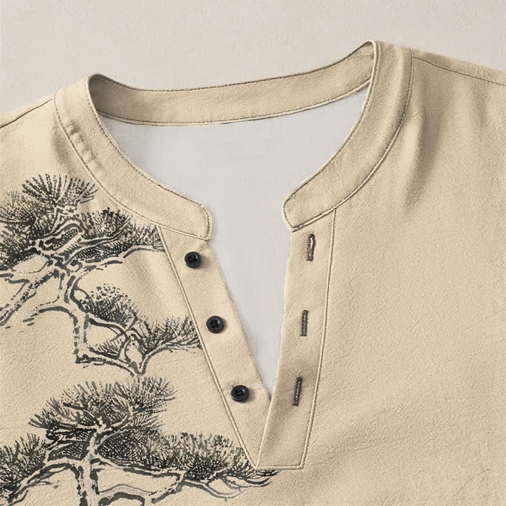 Buddha Stones Cotton Ink Landscape Pine Tree Mountains Pattern V-Neck Buttons Men's Long Sleeve Shirts - image 11