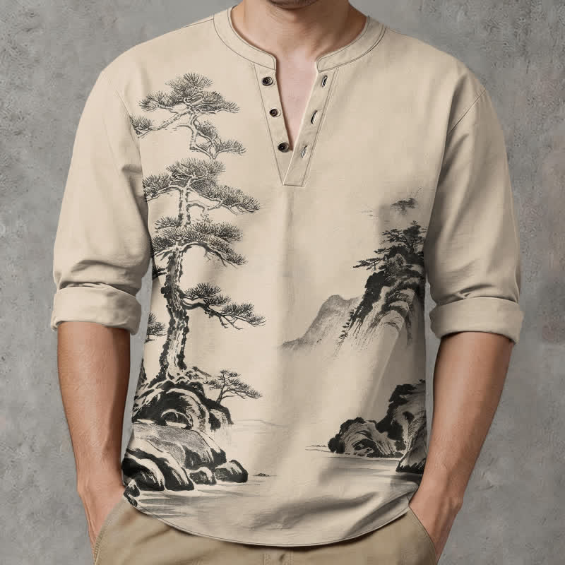Buddha Stones Cotton Ink Landscape Pine Tree Mountains Pattern V-Neck Buttons Men's Long Sleeve Shirts - image 8