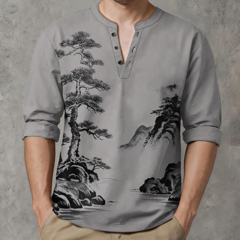 Buddha Stones Cotton Ink Landscape Pine Tree Mountains Pattern V-Neck Buttons Men's Long Sleeve Shirts - image 15
