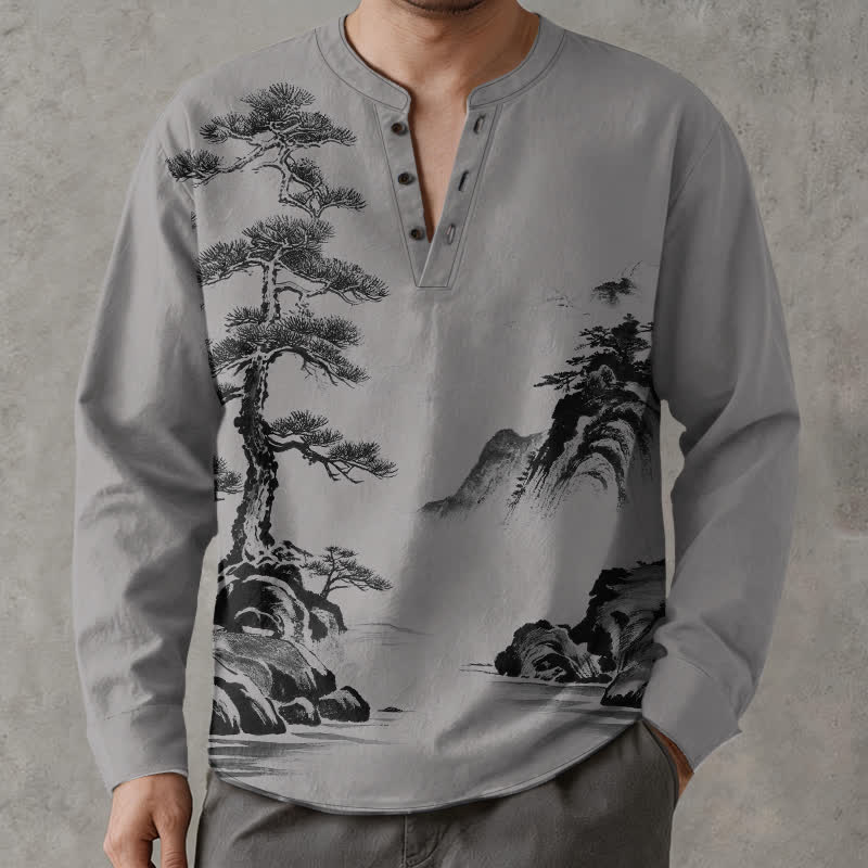 Buddha Stones Cotton Ink Landscape Pine Tree Mountains Pattern V-Neck Buttons Men's Long Sleeve Shirts - LightGrey - US/UK/AU48，EU58 (4XL) - image 14