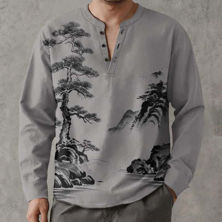 Buddha Stones Cotton Ink Landscape Pine Tree Mountains Pattern V-Neck Buttons Men's Long Sleeve Shirts - LightGrey - US/UK/AU48，EU58 (4XL) - image 14