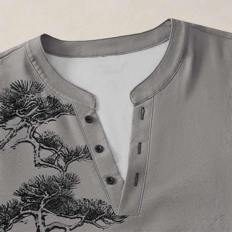 Buddha Stones Cotton Ink Landscape Pine Tree Mountains Pattern V-Neck Buttons Men's Long Sleeve Shirts - image 18