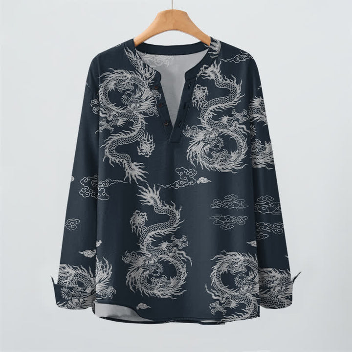 Buddha Stones Cotton Oriental White Dragon Cloud Pattern V-Neck Buttons Men's Long Sleeve Shirts - image 2