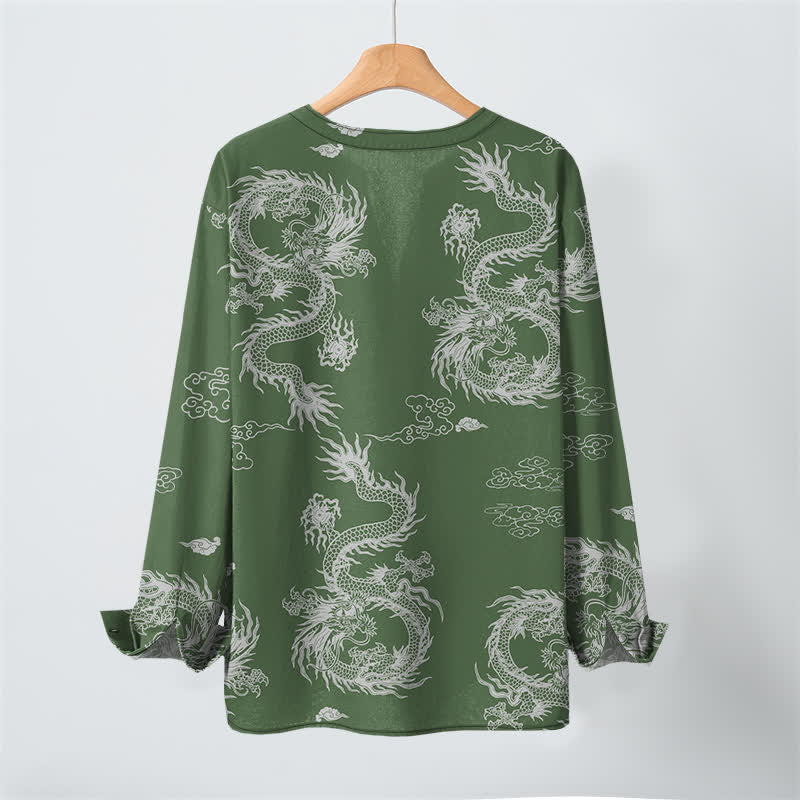 Buddha Stones Cotton Oriental White Dragon Cloud Pattern V-Neck Buttons Men's Long Sleeve Shirts - image 10