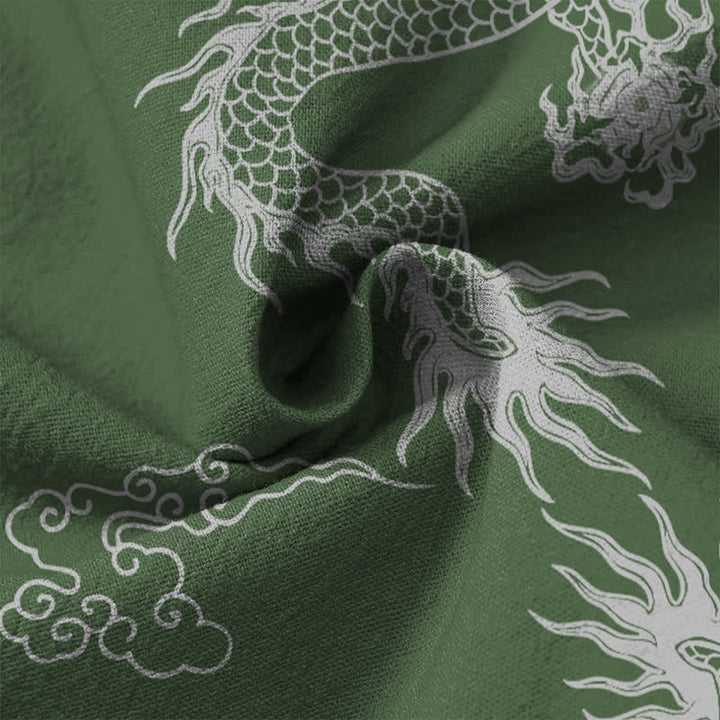 Buddha Stones Cotton Oriental White Dragon Cloud Pattern V-Neck Buttons Men's Long Sleeve Shirts - image 13