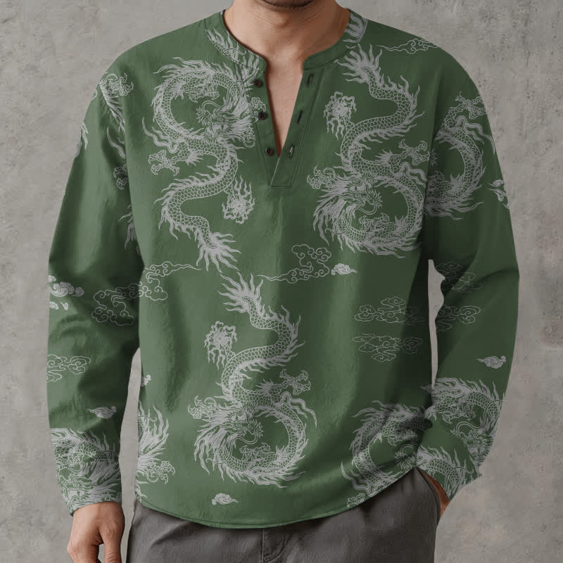 Buddha Stones Cotton Oriental White Dragon Cloud Pattern V-Neck Buttons Men's Long Sleeve Shirts - image 8