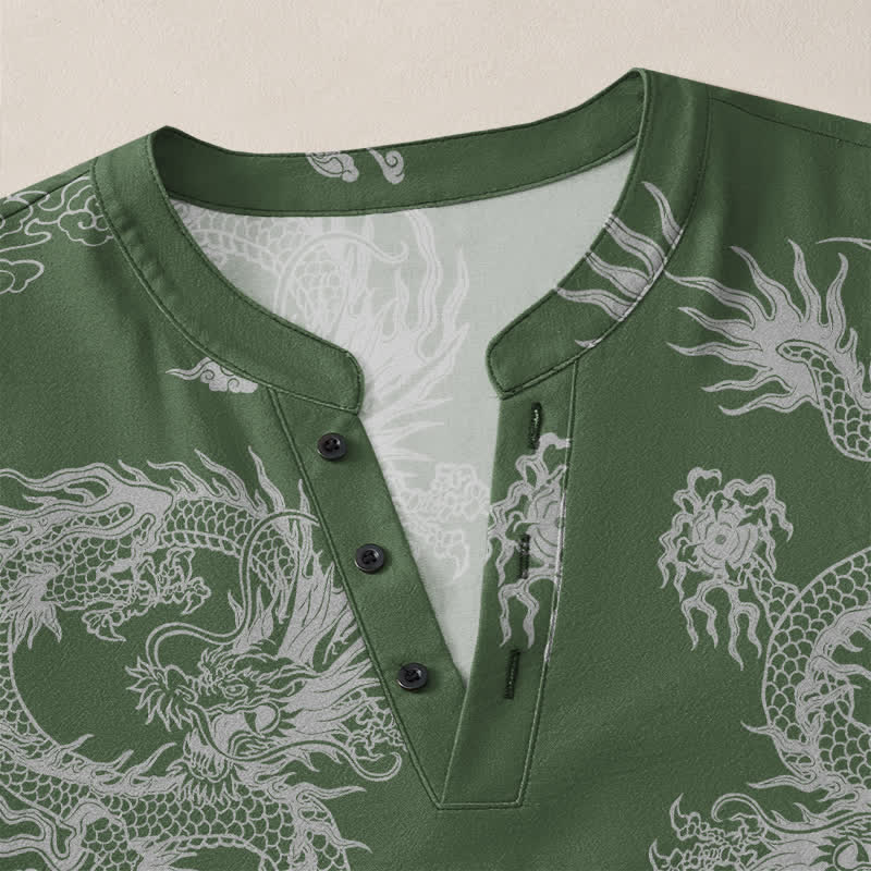 Buddha Stones Cotton Oriental White Dragon Cloud Pattern V-Neck Buttons Men's Long Sleeve Shirts - image 11