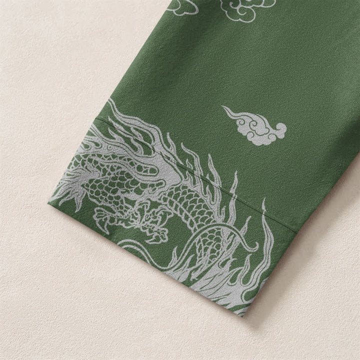 Buddha Stones Cotton Oriental White Dragon Cloud Pattern V-Neck Buttons Men's Long Sleeve Shirts - image 12