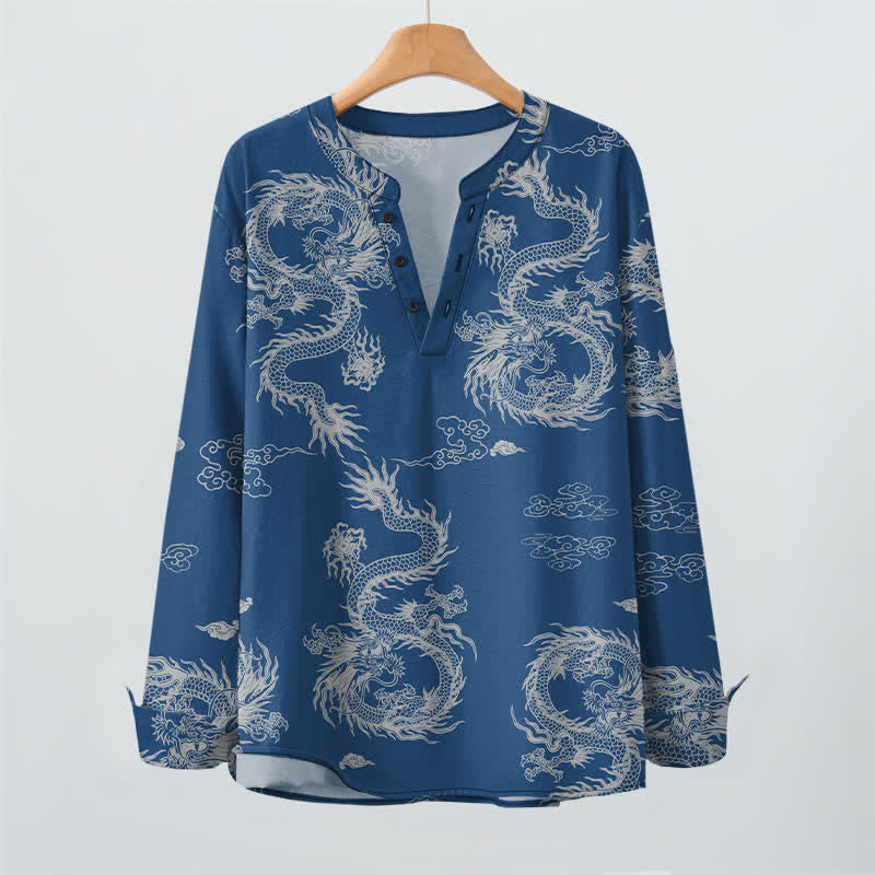Buddha Stones Cotton Oriental White Dragon Cloud Pattern V-Neck Buttons Men's Long Sleeve Shirts - image 16