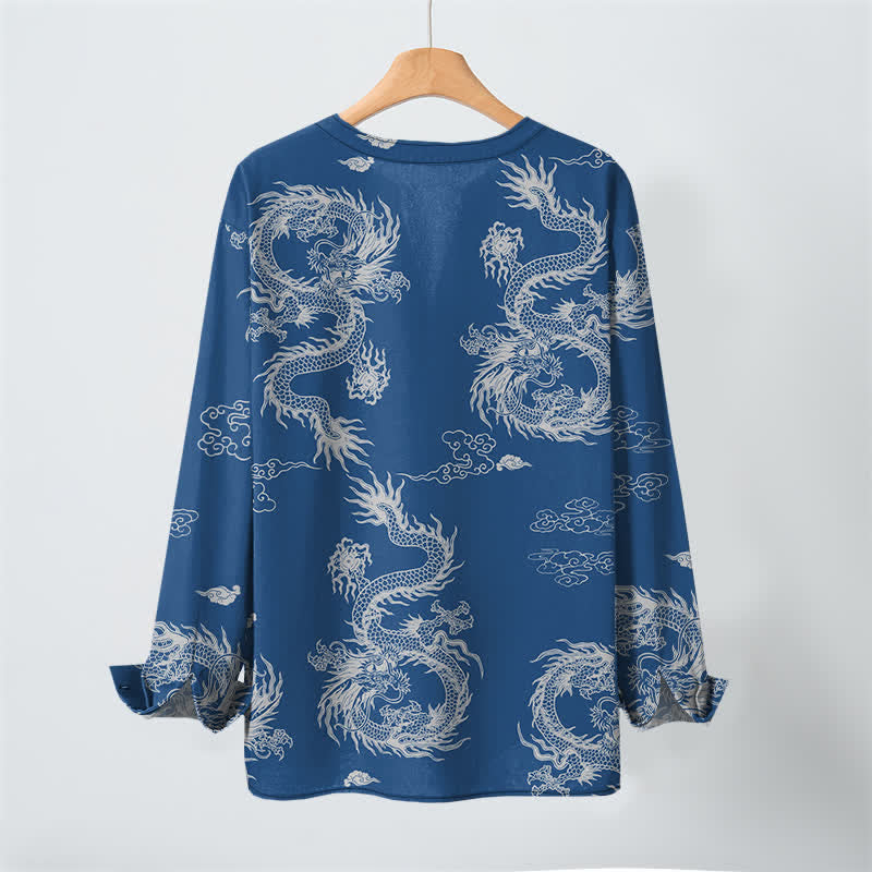 Buddha Stones Cotton Oriental White Dragon Cloud Pattern V-Neck Buttons Men's Long Sleeve Shirts - image 17