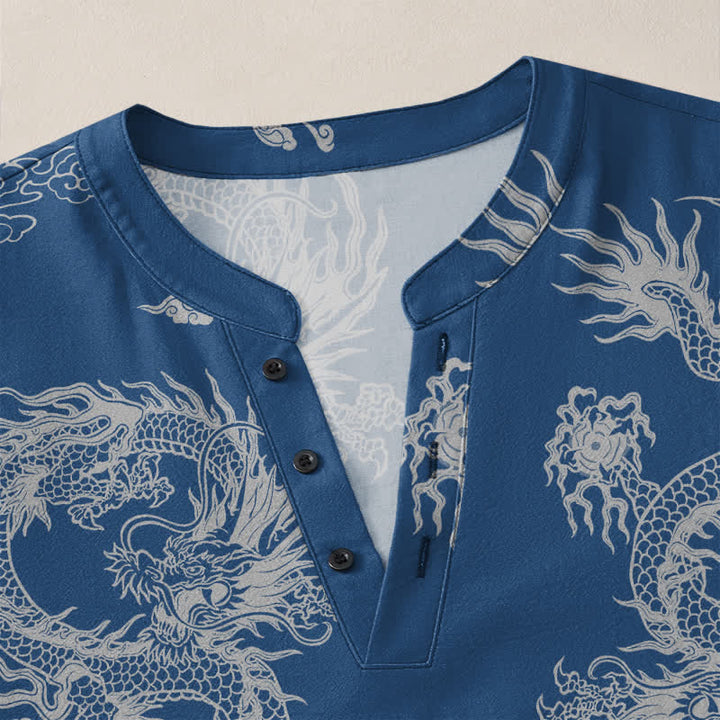 Buddha Stones Cotton Oriental White Dragon Cloud Pattern V-Neck Buttons Men's Long Sleeve Shirts - image 18