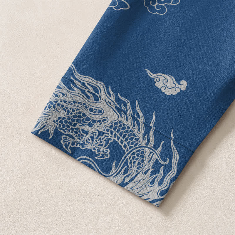 Buddha Stones Cotton Oriental White Dragon Cloud Pattern V-Neck Buttons Men's Long Sleeve Shirts - image 19
