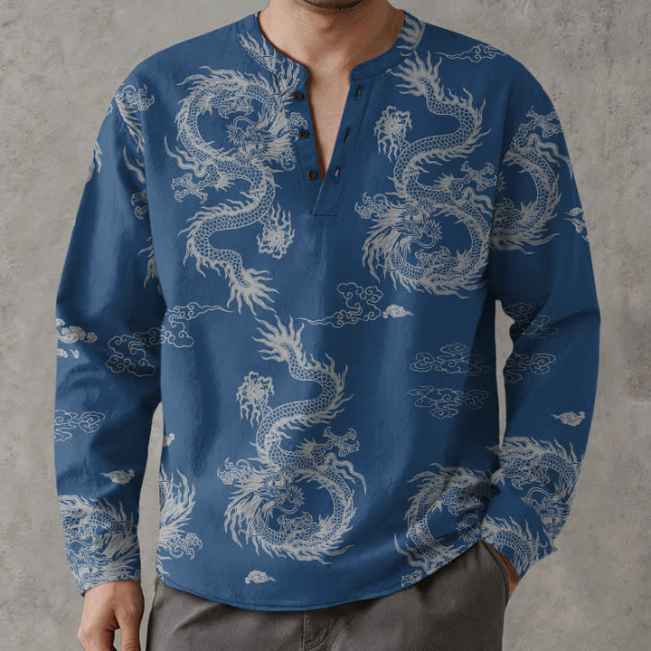 Buddha Stones Cotton Oriental White Dragon Cloud Pattern V-Neck Buttons Men's Long Sleeve Shirts - image 15