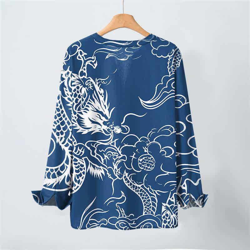 Buddha Stones Cotton Chinese Dragon Clouds Pattern V-Neck Buttons Men's Long Sleeve Shirts - image 3