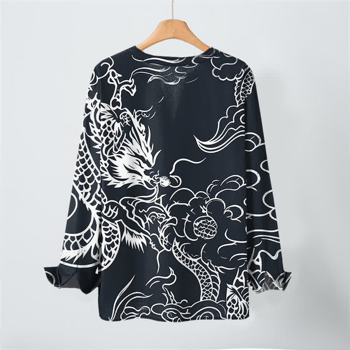 Buddha Stones Cotton Chinese Dragon Clouds Pattern V-Neck Buttons Men's Long Sleeve Shirts - image 10