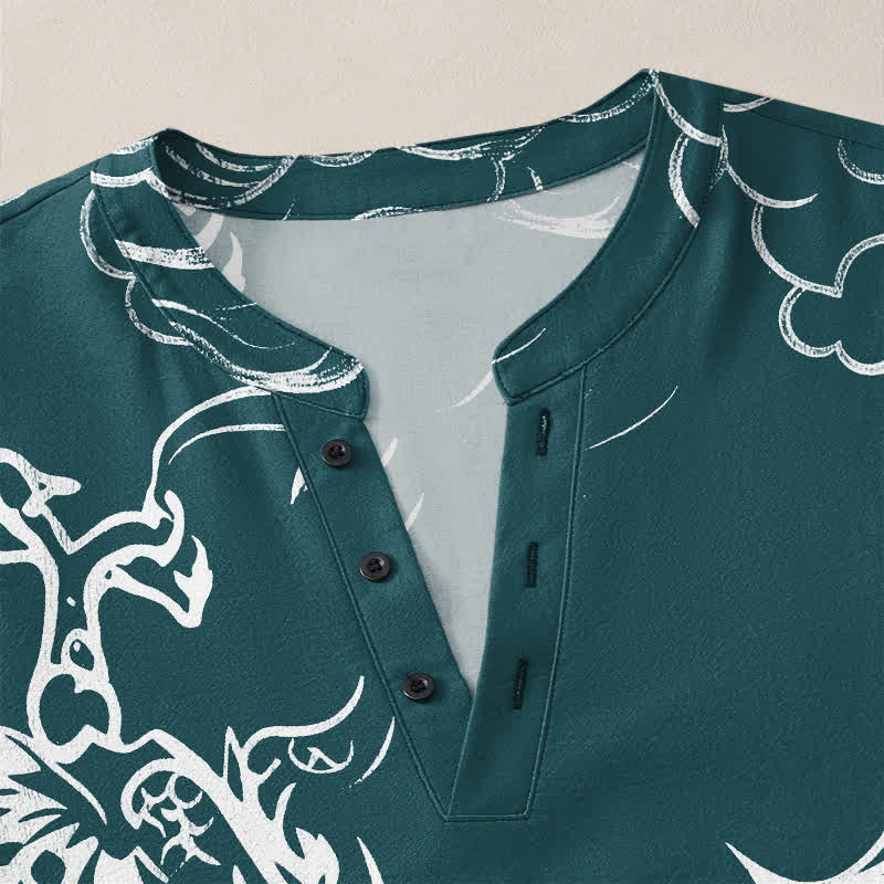 Buddha Stones Cotton Chinese Dragon Clouds Pattern V-Neck Buttons Men's Long Sleeve Shirts - image 18