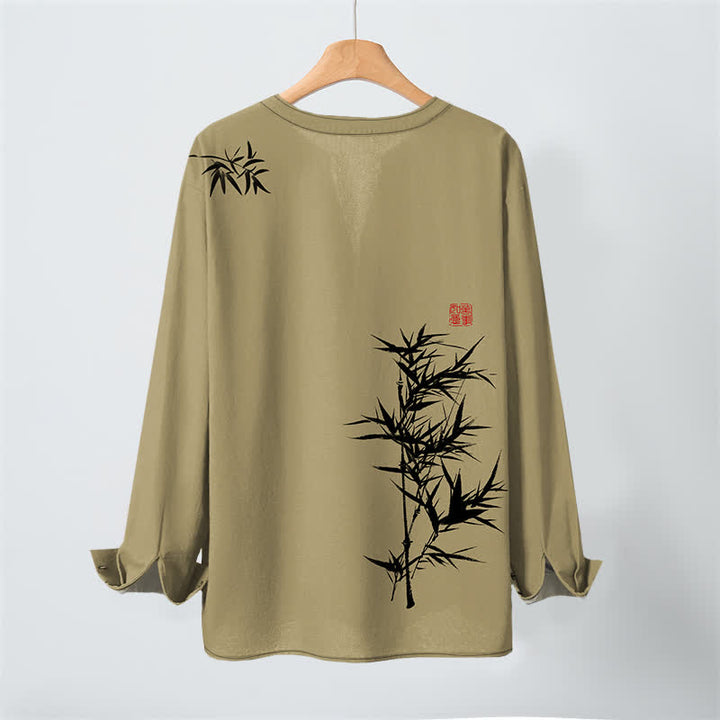 Buddha Stones Cotton Ink Bamboo Pattern V-Neck Buttons Men's Long Sleeve Shirts - image 3