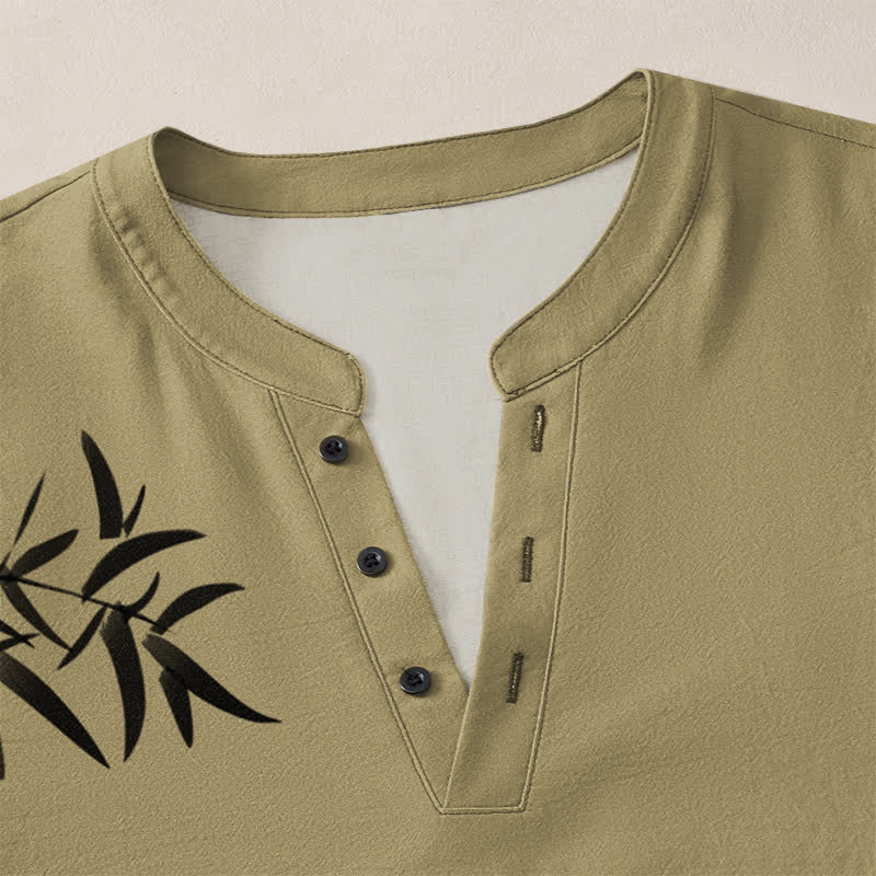 Buddha Stones Cotton Ink Bamboo Pattern V-Neck Buttons Men's Long Sleeve Shirts - image 4