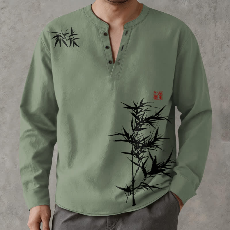 Buddha Stones Cotton Ink Bamboo Pattern V-Neck Buttons Men's Long Sleeve Shirts - image 8