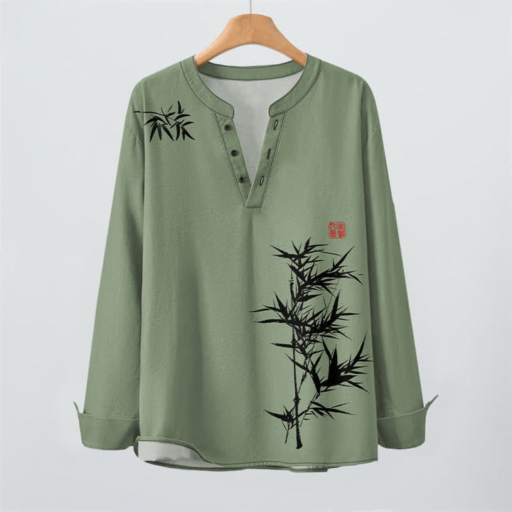 Buddha Stones Cotton Ink Bamboo Pattern V-Neck Buttons Men's Long Sleeve Shirts - image 9