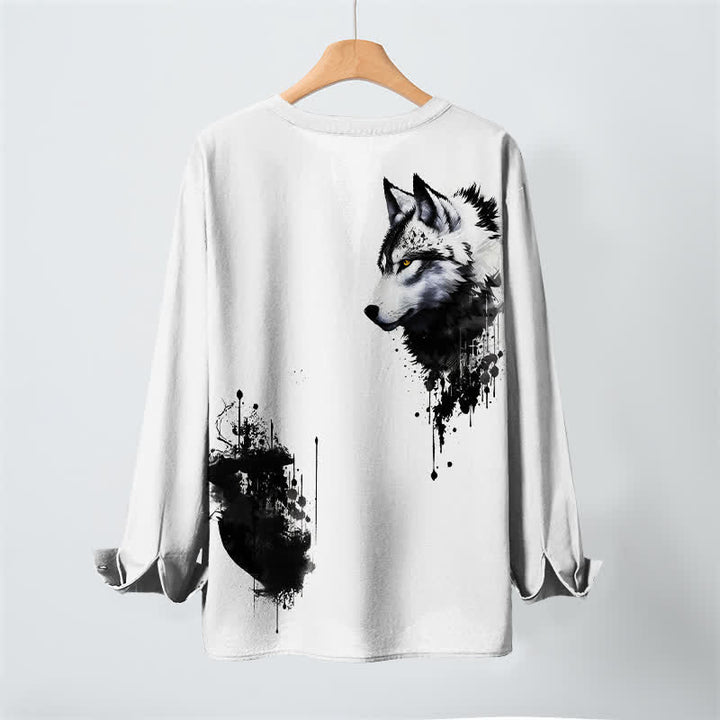 Buddha Stones Cotton Ink Wolf Head Pattern V-Neck Buttons Men's Long Sleeve Shirts - image 3
