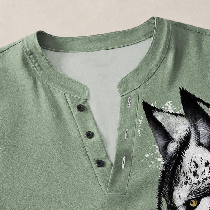 Buddha Stones Cotton Ink Wolf Head Pattern V-Neck Buttons Men's Long Sleeve Shirts - image 11