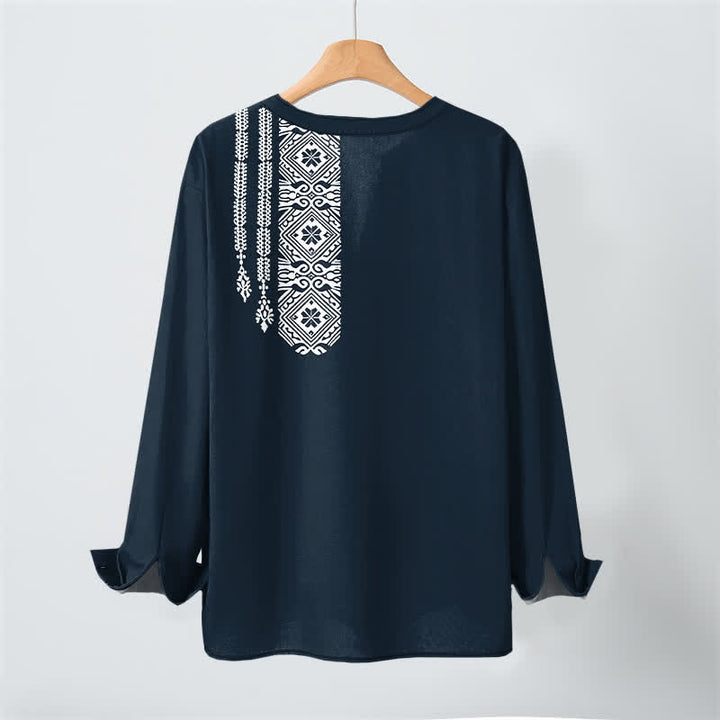 Buddha Stones Cotton Tribal Square Geometric Pattern V-Neck Buttons Men's Long Sleeve Shirts - image 10
