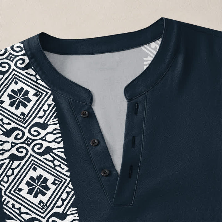 Buddha Stones Cotton Tribal Square Geometric Pattern V-Neck Buttons Men's Long Sleeve Shirts - image 11